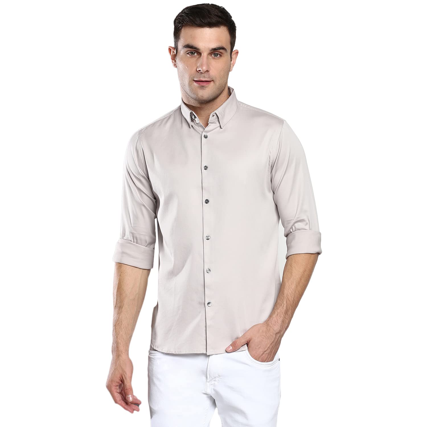 Dennis Lingo MenS Solid Grey Slim Fit Satin Lycra Casual Shirt With Concealed Button Down & Full Sleeves