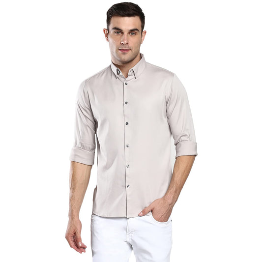 Dennis Lingo MenS Solid Grey Slim Fit Satin Lycra Casual Shirt With Concealed Button Down & Full Sleeves