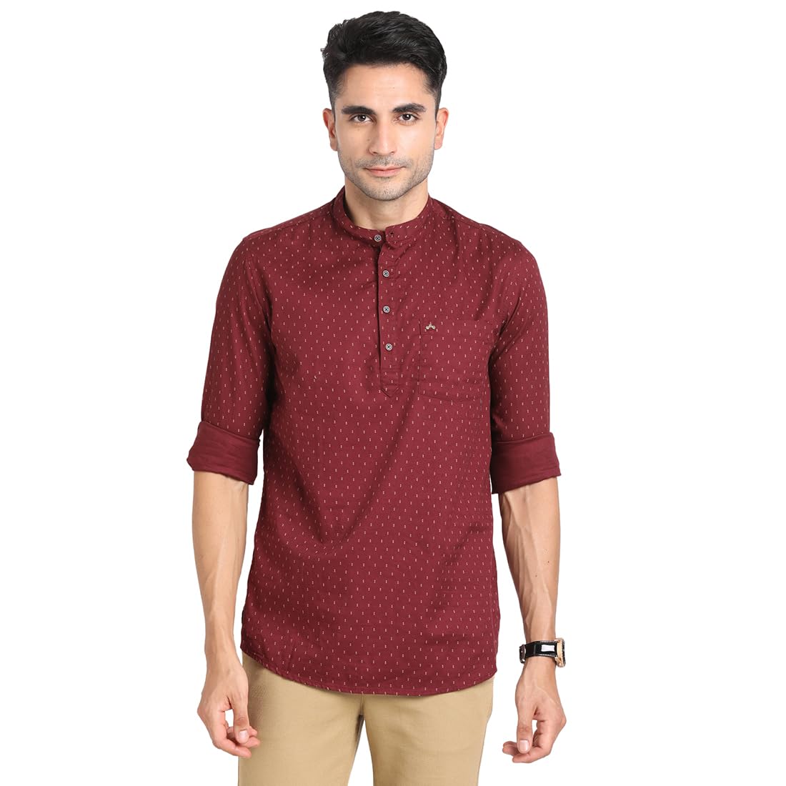 Turtle Men 100% Cotton Maroon Printed Slim Fit Casual Kurta Shirt