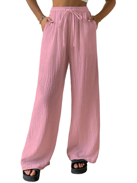 Shasmi Womens Baby Pink Loose Wide-Leg Pants with Textured Wrinkled Fabric and Drawstring Waist Long Trousers (Pant 157 Baby Pi
