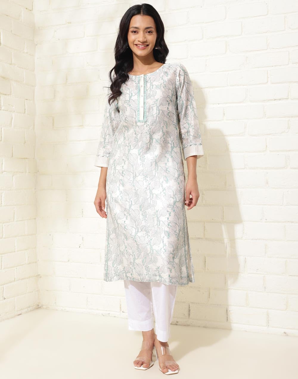 Fabindia WomenS Cotton Silk Printed Regular Kurta (1037288Natural- Natural-Green