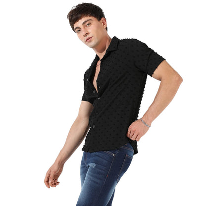 Campus Sutra Mens Black Textured Button Up Spread Collar Shirt for Casual Wear | Regular Fit | Poly Georgette Shirt Crafted wit