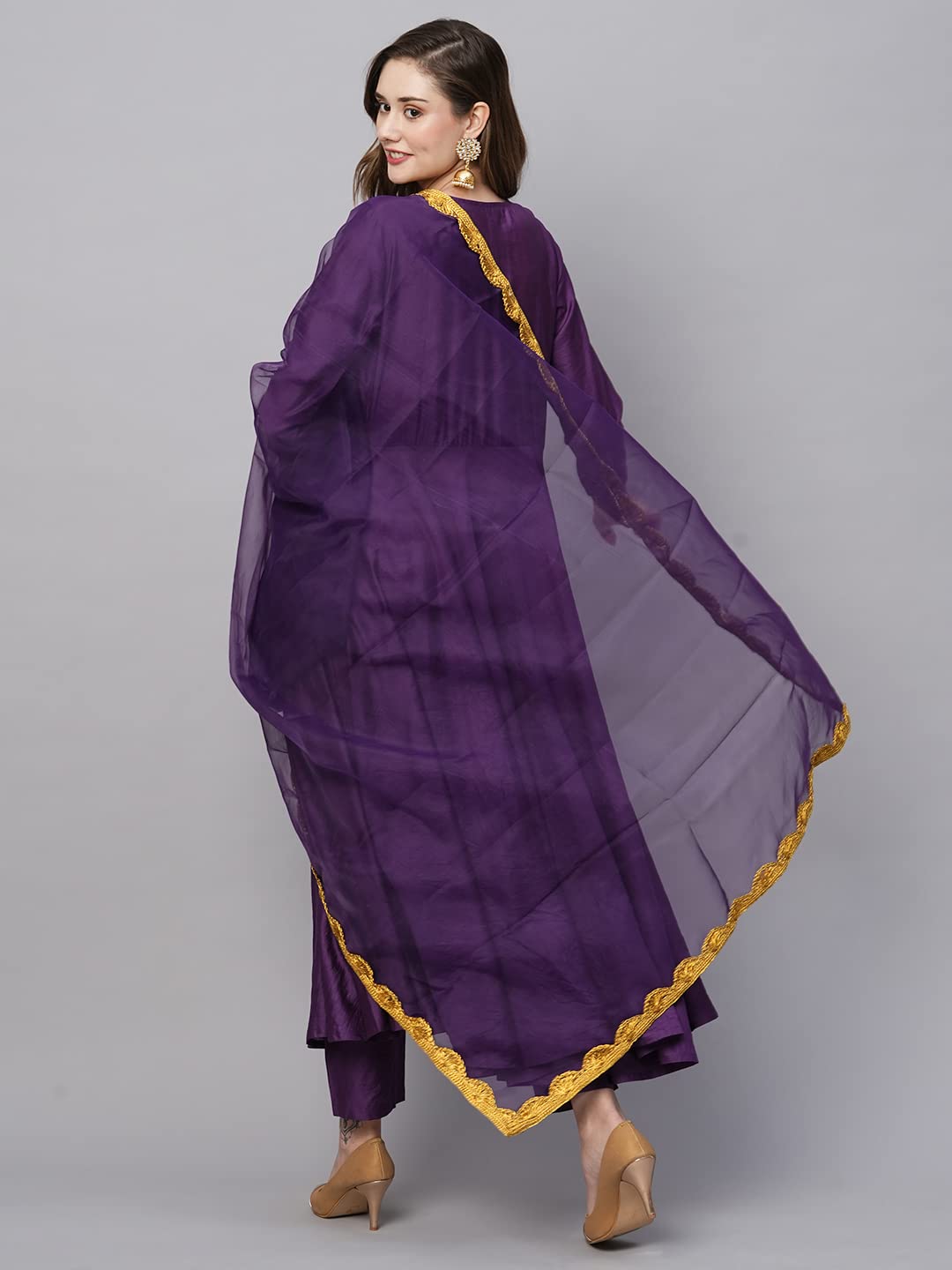 GoSriKi Women's Cotton Blend Anarkali Solid Kurta with Pant & Dupatta (Mini-BEGANI-GS)