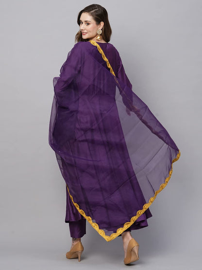 GoSriKi Women's Cotton Blend Anarkali Solid Kurta with Pant & Dupatta (Mini-BEGANI-GS)