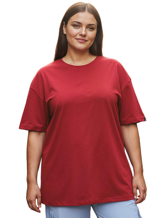 Bewakoof Heavy Duty 1.0 Women Solid Oversized Fit Half Sleeve Round Neck Terry Plus Size T-Shirt_646621_Red_5XL