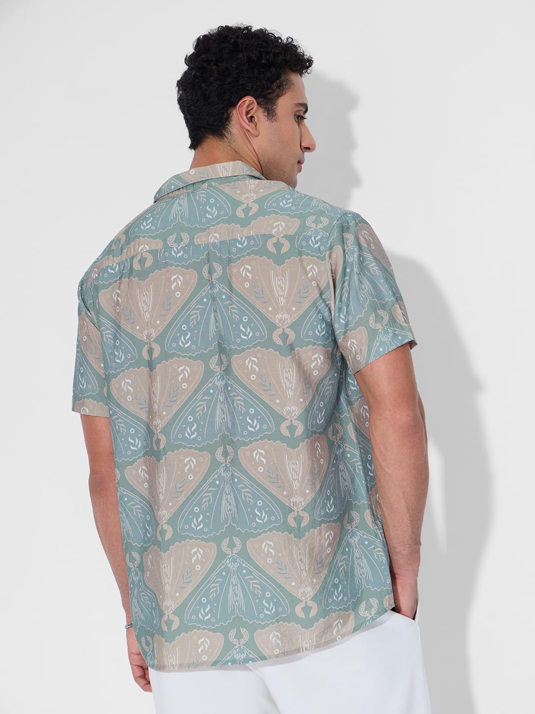 The Souled Store Holiday Shirt: Indie Men and Boys Short Sleeves Collared Neck Button Front Blue All Over Printed Cotton Blend R