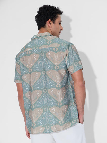 The Souled Store Holiday Shirt: Indie Men and Boys Short Sleeves Collared Neck Button Front Blue All Over Printed Cotton Blend R