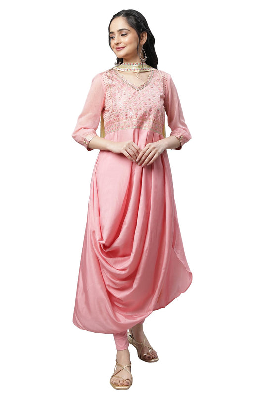 Aurelia Pink Floral Printed Foil Sequin Kurta Dupatta Bottomwear