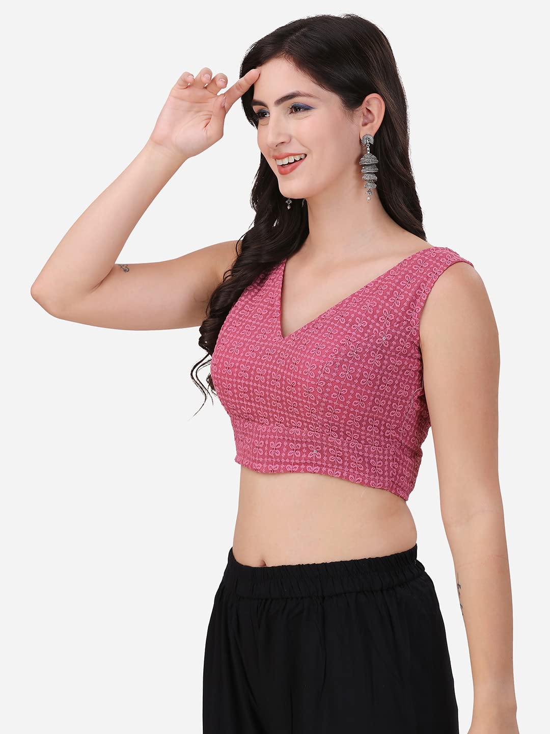 OOMPH! Womens Indian Ethnic Wear Designer Square Leaf Pattern V Neck Sleeveless Cotton Rose Pink Blouse for Saree or Lehnga and