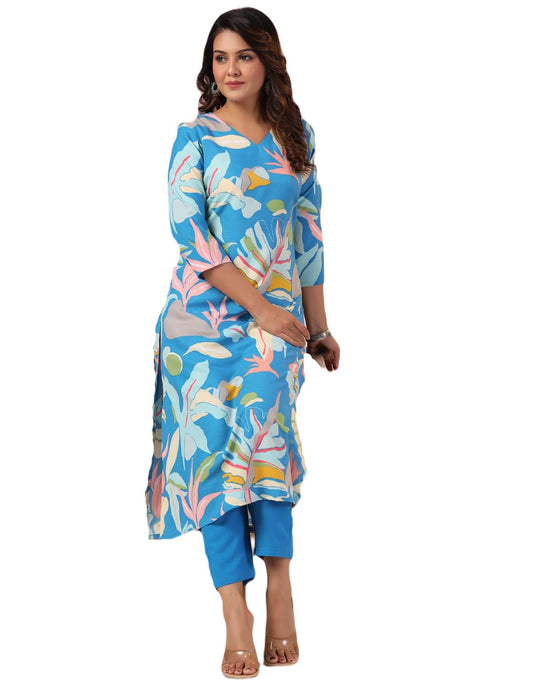 GoSriKi Women's Rayon Blend Floral Straight Kurta with Pant