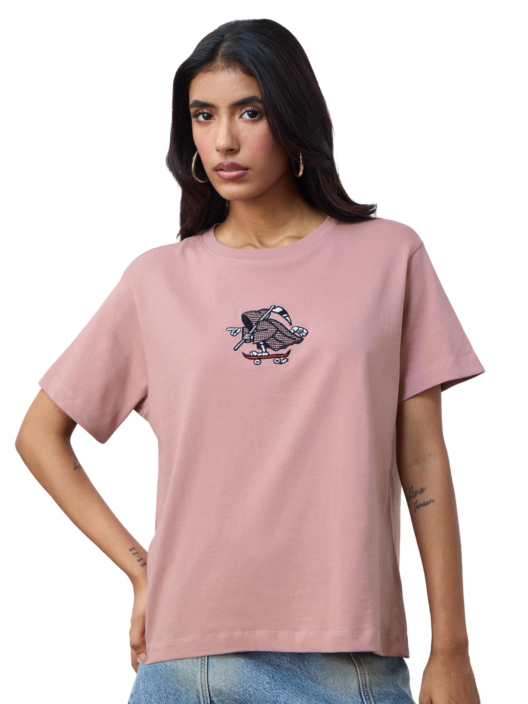 The Souled Store Originals: See You in Hell Women and Girls Short Sleeves Round Neck Pink Graphic Embroidered Cotton Relaxed Fit