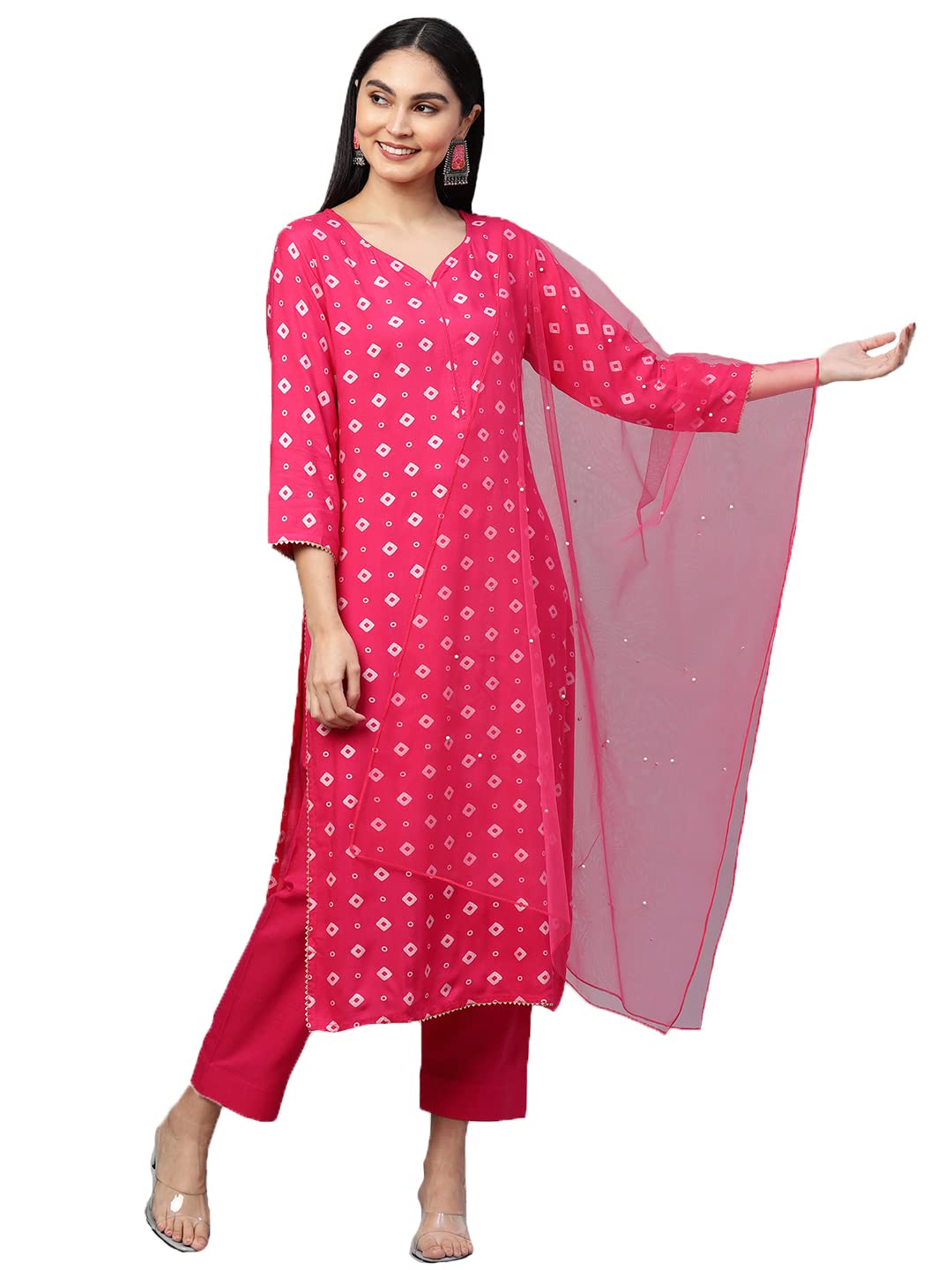 ANNI DESIGNER Women's Cotton Straight Kurta with Pant & Dupatta (SASI PINK)