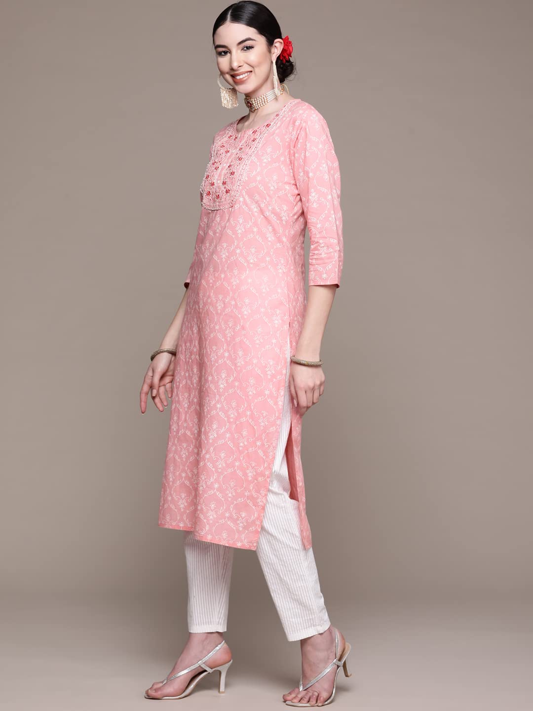 anubhutee Women's Pink Floral Yoke Design Thread Work Pure Cotton Kurta Suit Set with Trousers & Dupatta