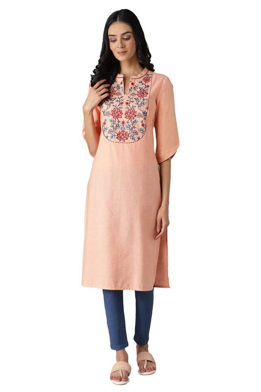 Aurelia Solid Band with V Cotton Blend Womens Knee Length Kurta (S22FEA12937B-P)