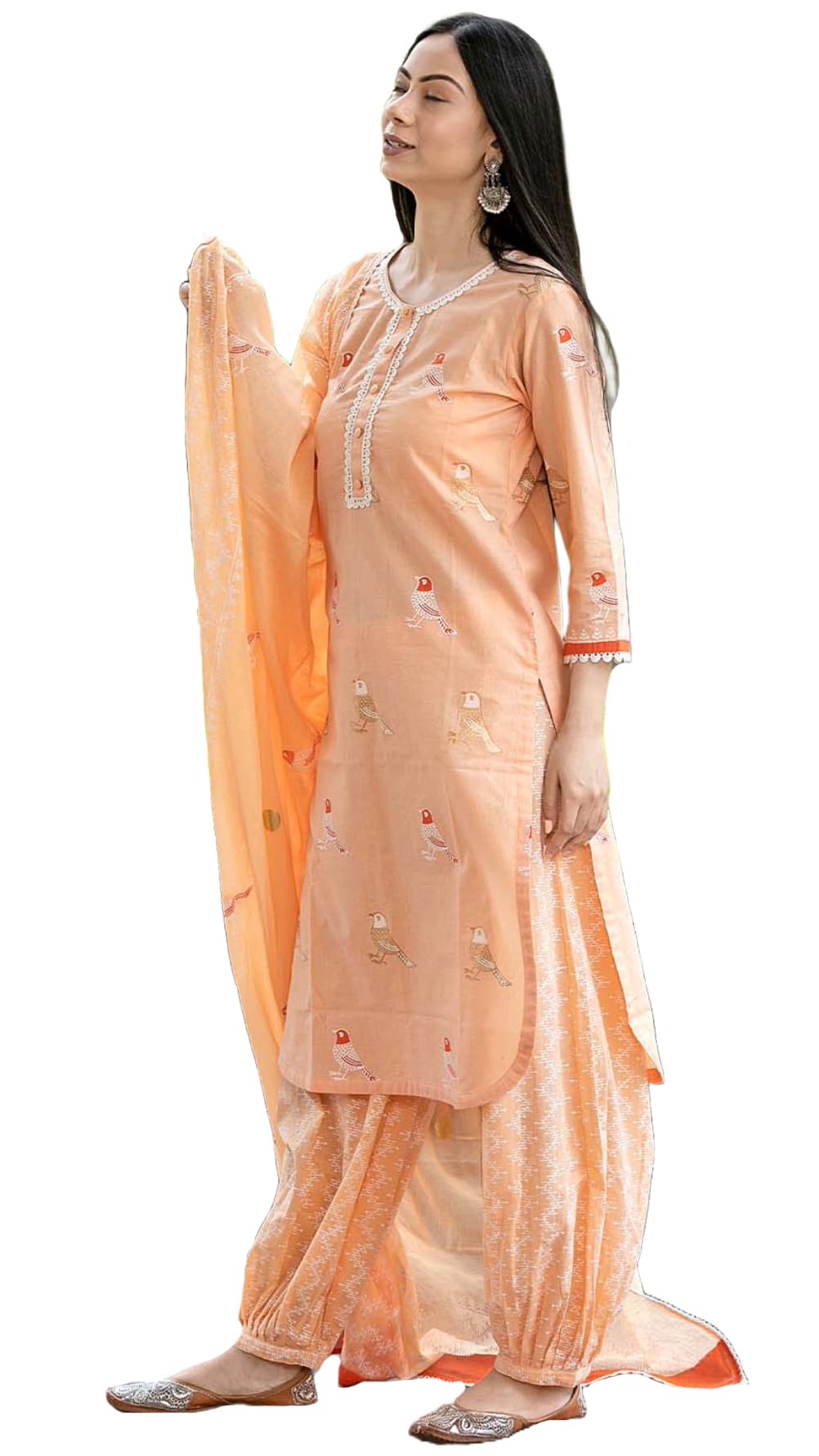 ANNI DESIGNER Ladies Cotton Blend Dupatta Kurta Trousers, peach, L