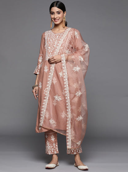 Varanga Women Mauve Embroidered Kurta Paired With Tonal Trouser And Dupatta  Elegant & Comfortable Ethnic Wear For Women, Perfec