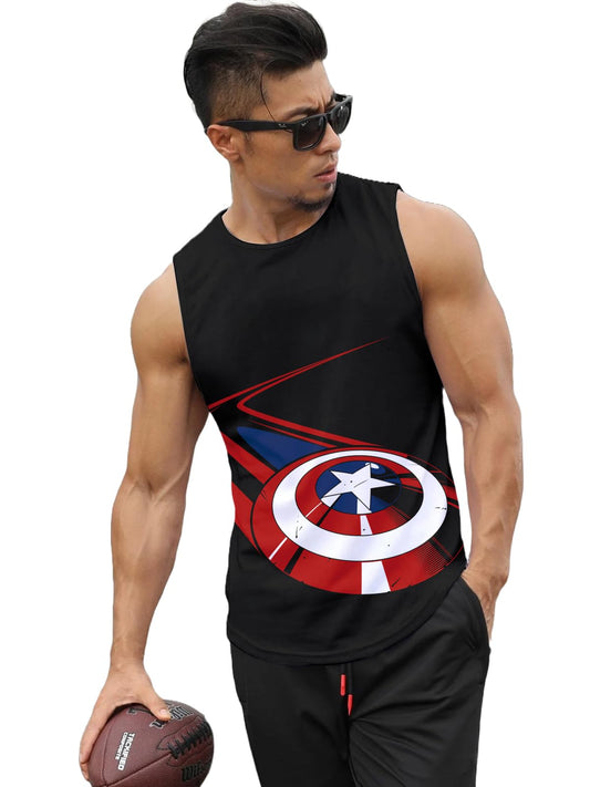 Veirdo Mens Cotton Scoop Neck Regular Fit Captain America Shield Printed Sleeveless Vest For