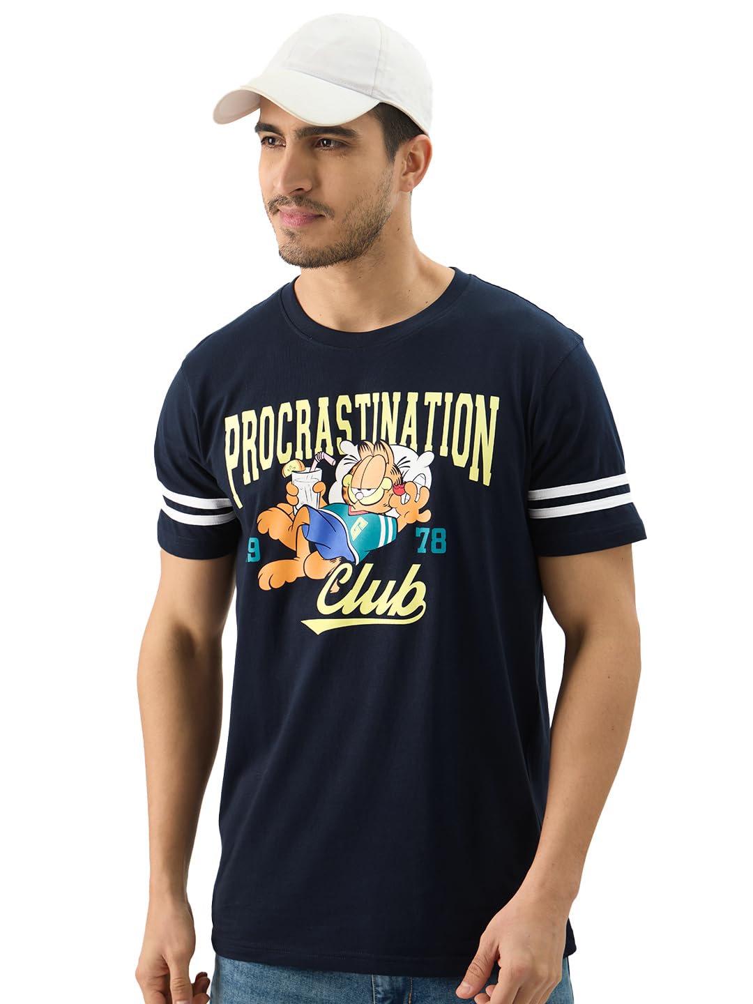 The Souled Store Official Garfield: Procrastination Club Men and Boys Short Sleeve Round Neck Navy Blue Graphic Printed Cotton R