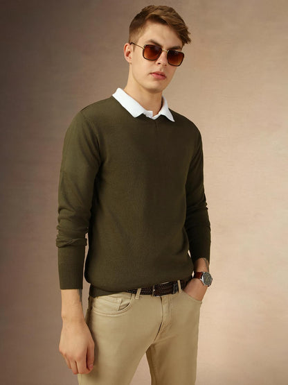 Dennis Lingo Men Olive Solid Slim Fit Full Sleeve V Neck Pullover Sweater