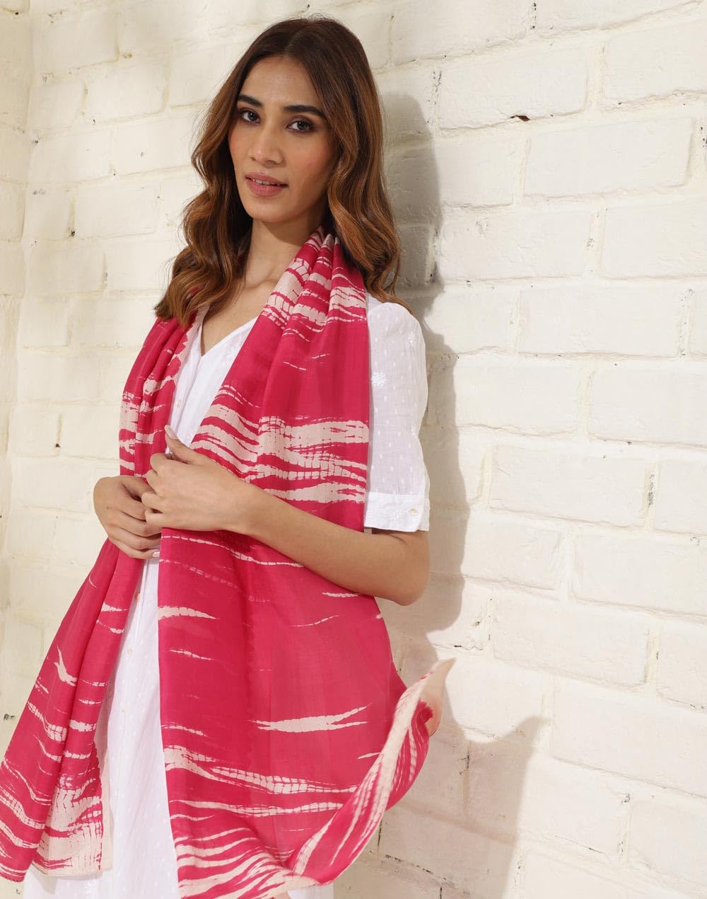 Fabindia Pink Silk Tie & Dye Print Stole (1.8m x 56cm) (Free Size)