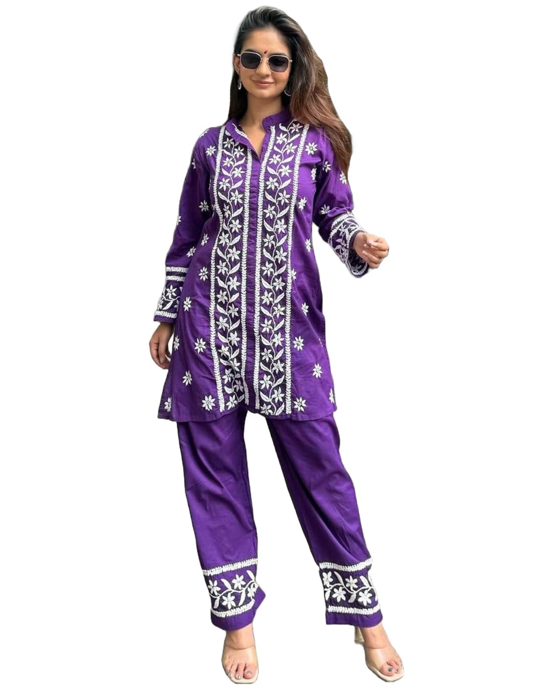 ANNI DESIGNER Womens Cotton Blend Straight Chikankari Embroidered Kurta with Palazzo (LKO Purple-NSC_XL_Purple_X-Large)