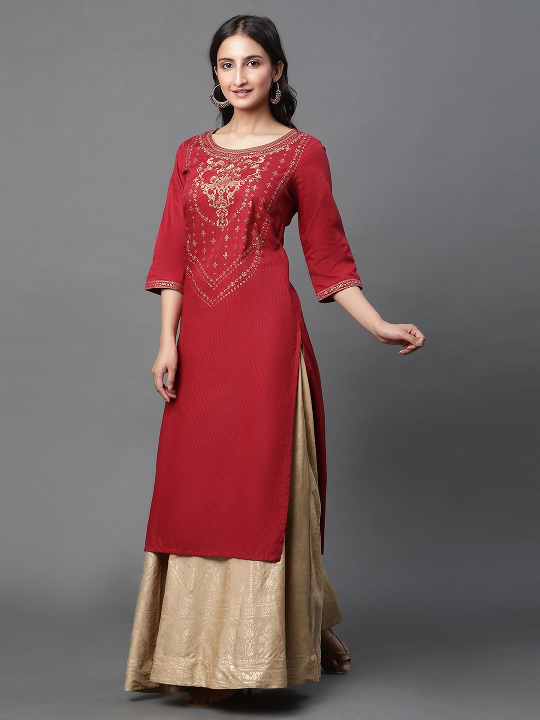 Aurelia Red Cotton Foil Straight Long Kurta