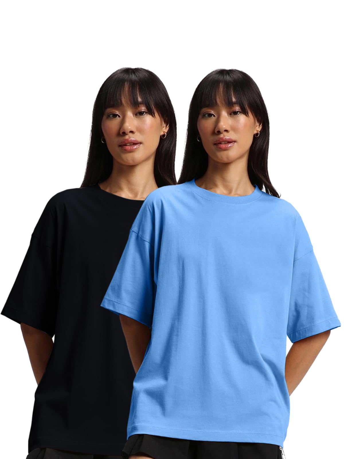 JUNEBERRY Pure Cotton Drop Shoulder Oversized Baggy Fit Half Sleeve Plain Solid Round Neck Multicolor T-Shirt for Women & Girls