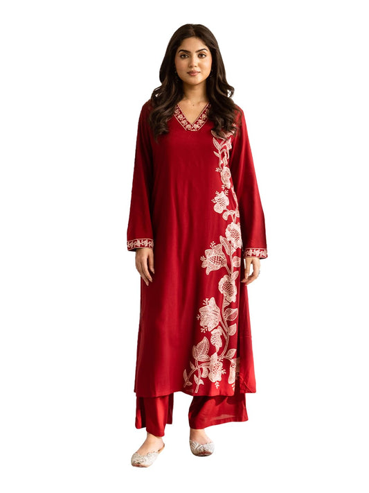 ishin Maroon Floral printed kurta with solid palazzo