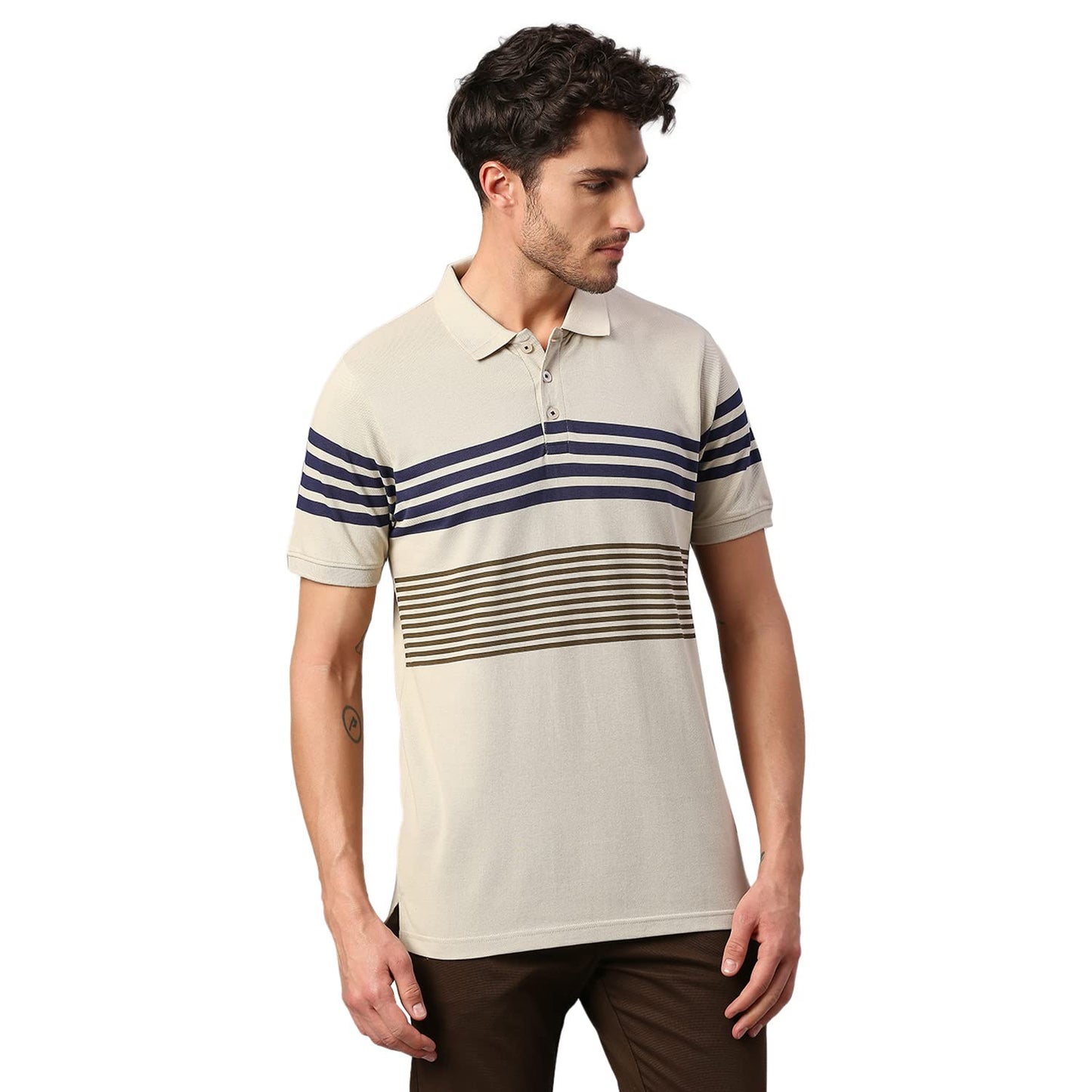 Dennis Lingo Mens Pure Cotton Striped Half Sleeves Polo T-Shirt (Beige)