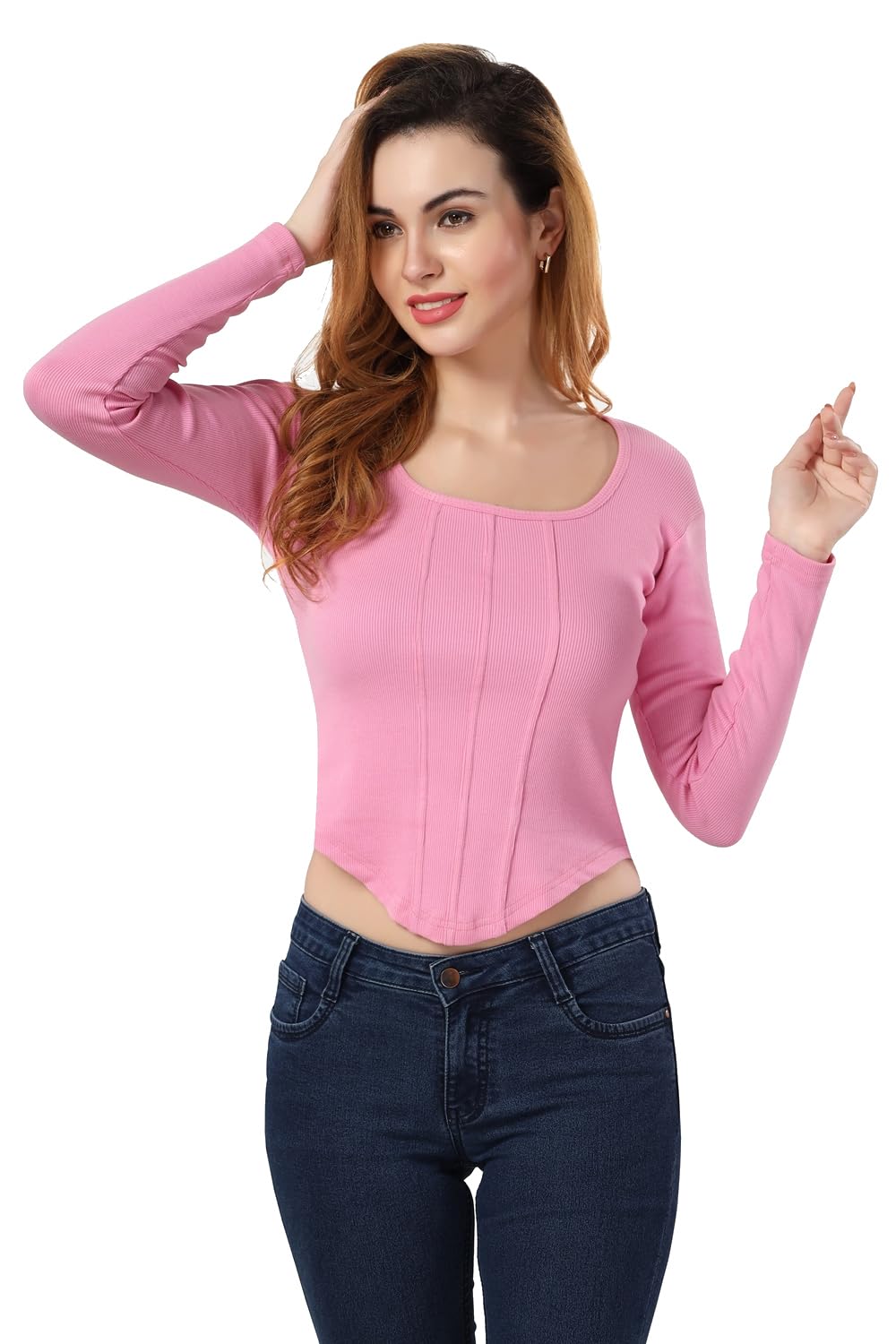 Fabme WomenS Full Sleeves, Square Neck Stylish Rib Crop Top - Pink