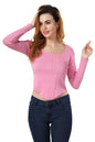 Fabme WomenS Full Sleeves, Square Neck Stylish Rib Crop Top - Pink