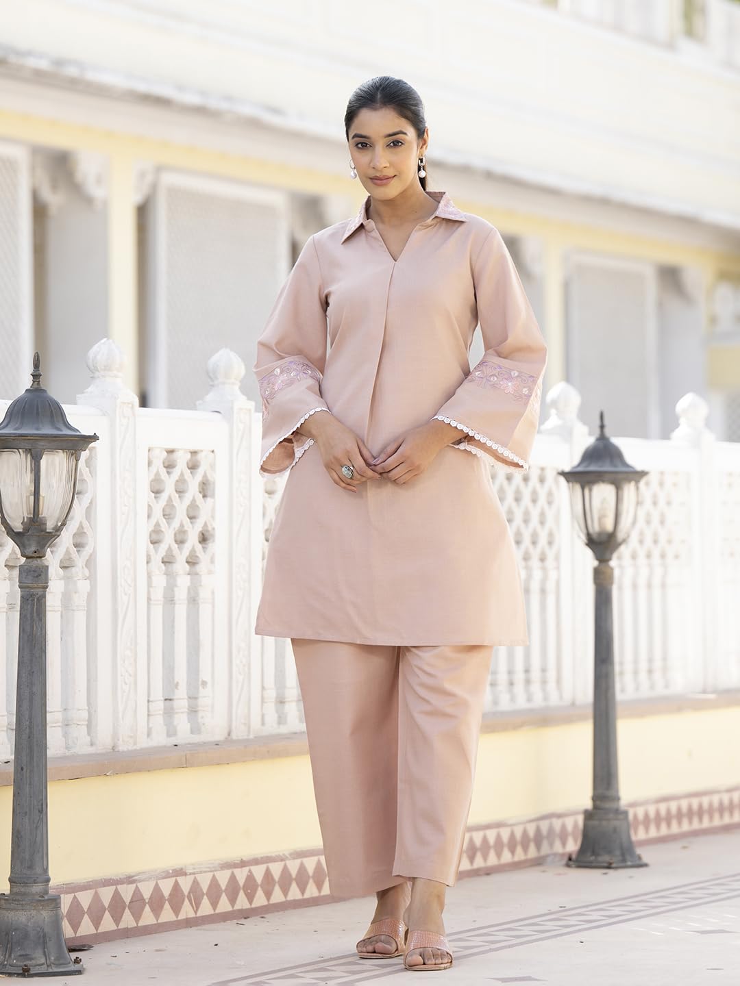 Varanga Embroidered Shirt Collar Tunic With Palazzo - Comfortable Fit, Stylish Design, Versatile Wear, Lightweight Fabric, And V