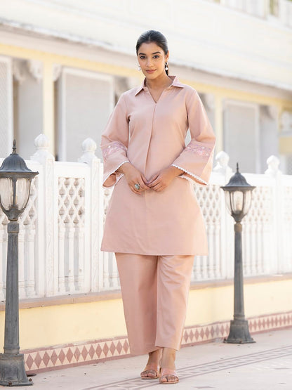 Varanga Embroidered Shirt Collar Tunic With Palazzo - Comfortable Fit, Stylish Design, Versatile Wear, Lightweight Fabric, And V