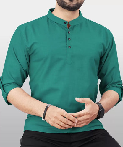 Deemoon MenS Cotton Blend Kurta With Solid Regular Fit Mandarin Collared Neck Full Sleeve And Waist Length | Kurtas For Men | R