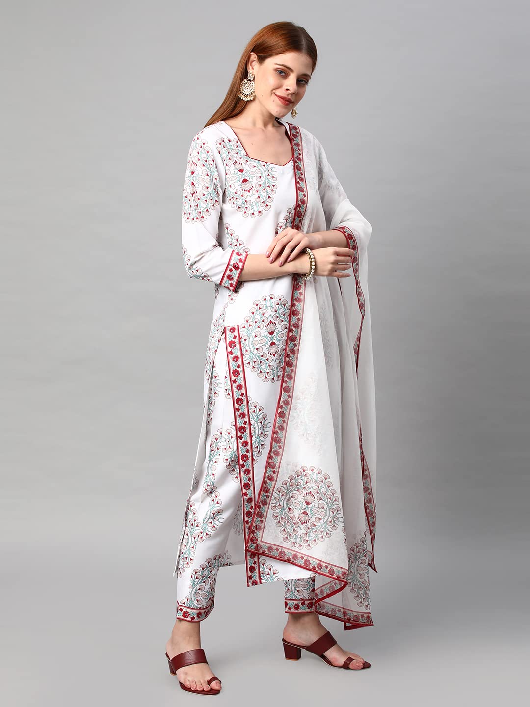 GoSriKi Women's Cotton Blend Floral Printed Straight Kurta with Pants & Dupatta (Cup-Off White-Nw-GS)
