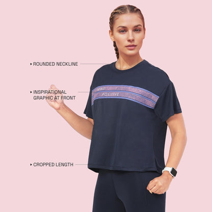 Enamor Womens Graphic Oversized Fit T-Shirt (A311_Navy-Mind Positive