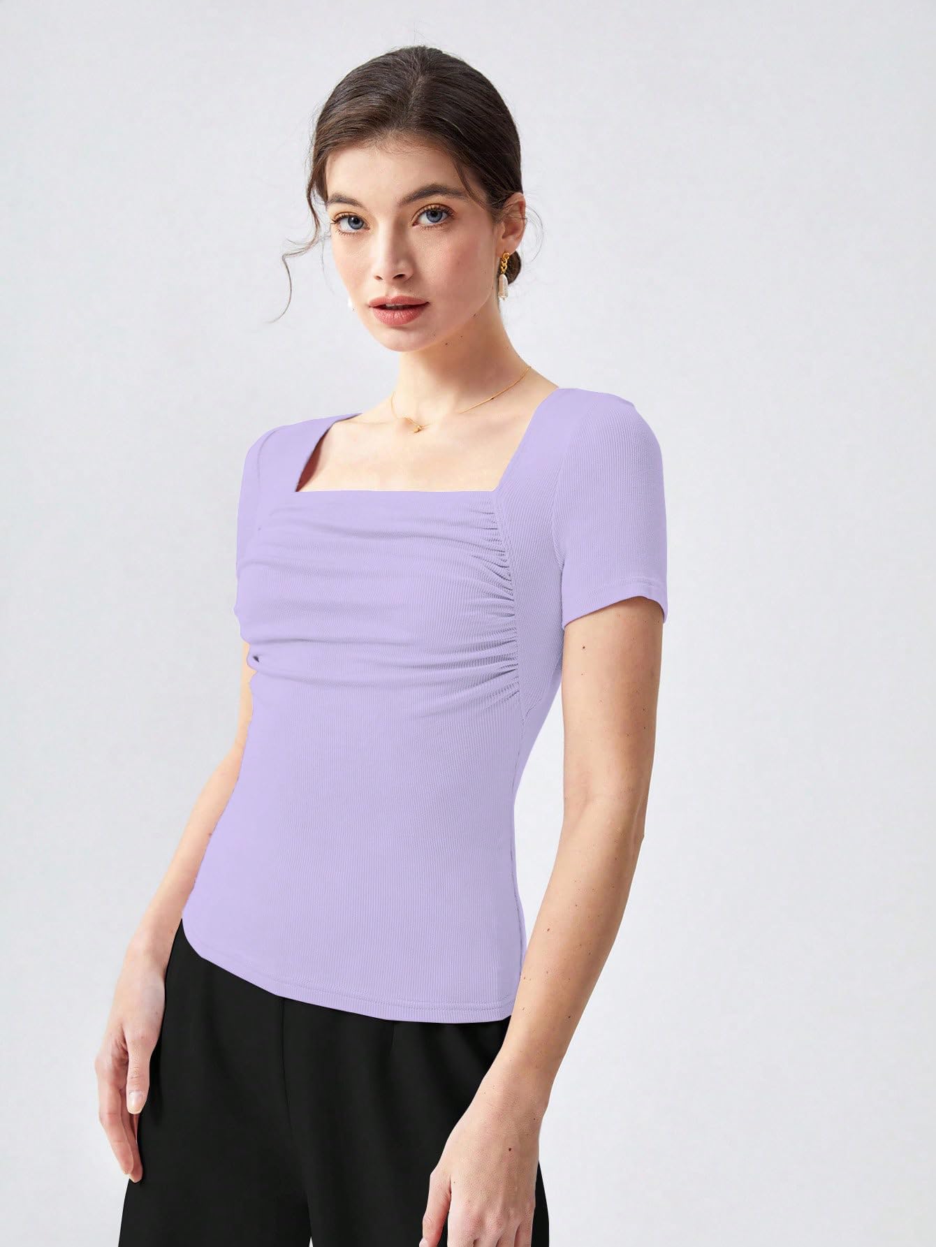 Shasmi Womens & Girls Purple Womens Summer Square Neck Solid Color Ruched Tee Workwear Pleated Casual t-Shirt for Women (Top