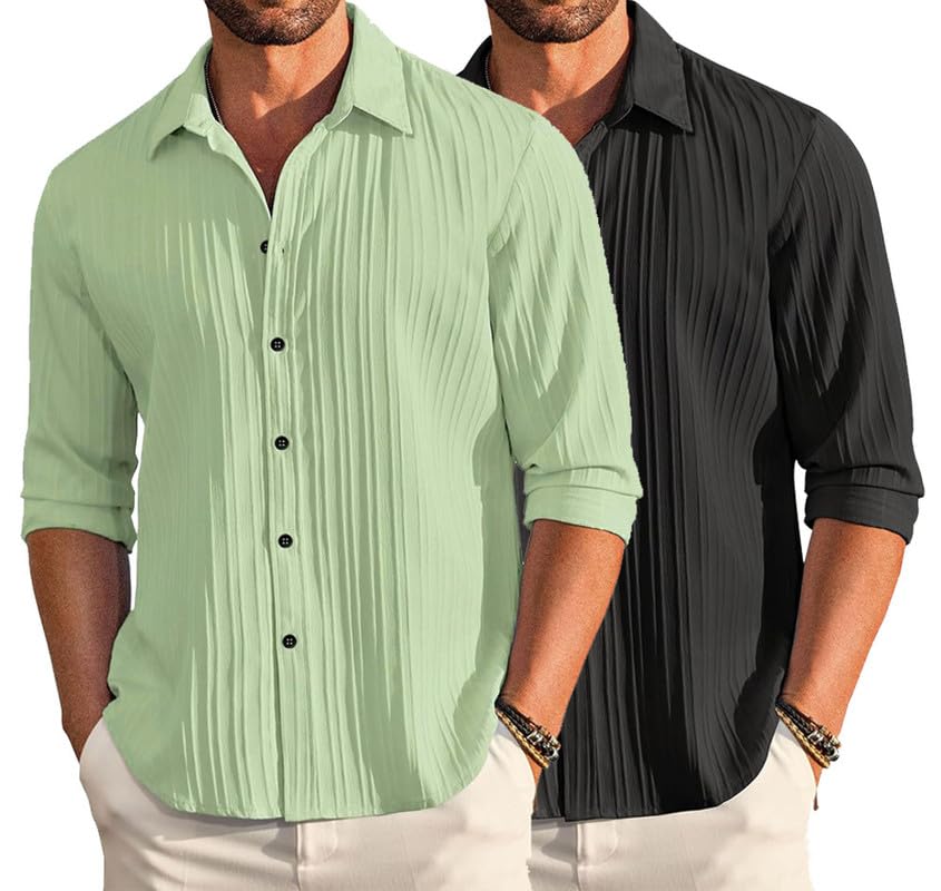 Deelmo Combo Of MenS Casual Button Down Shirts Long Sleeve Linen Shirt Fashion Textured Summer Shirts Pack Of 2
