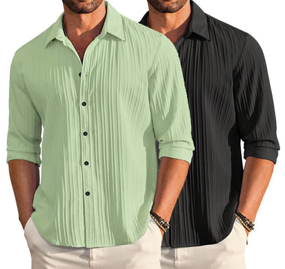 Deelmo Combo Of MenS Casual Button Down Shirts Long Sleeve Linen Shirt Fashion Textured Summer Shirts Pack Of 2