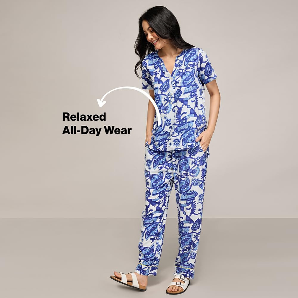NYKD (NYS933 Printed Rayon Coords Night Suit for Women | Relaxed Fit V Neck Top with Non Slip Adjustable Waistband Pyjama Pants