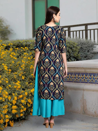Pinkmint Elegant Printed Crepe KurtiS For WomenS Ll Fashionable Kurti Ll Straight Round Neck Kurti (Pack Of 1) Navy Blue