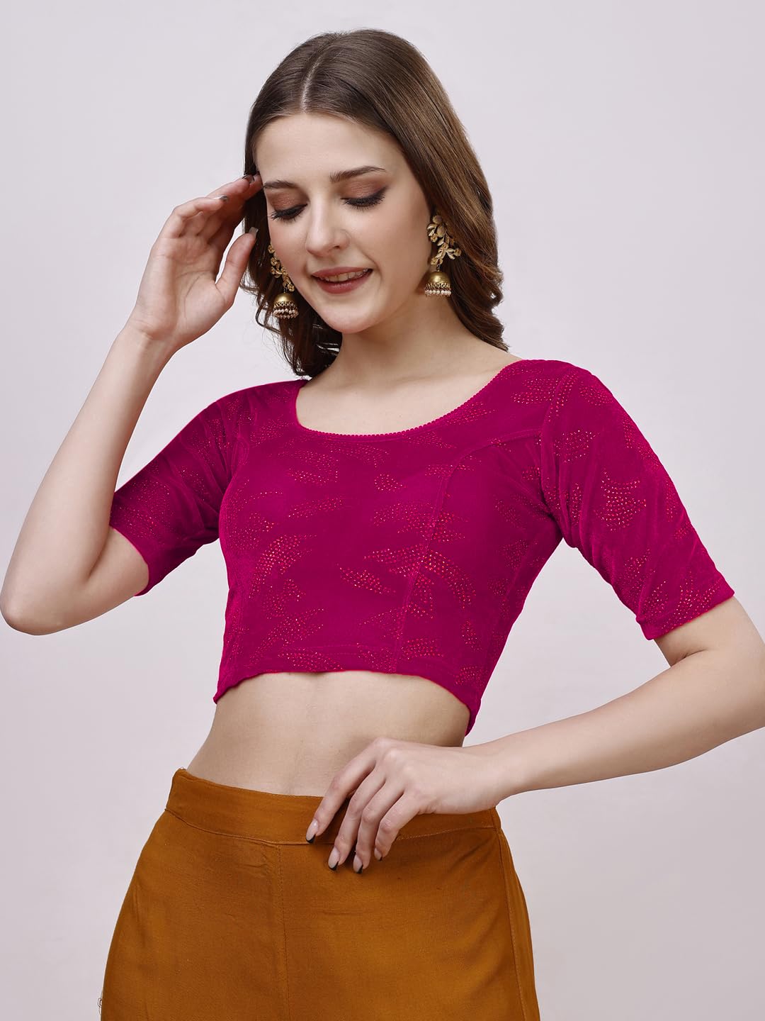 Vihu Fashion WomenS Readymade Hosiery Velvet Lycra Stretchable Round Neck Half Sleeve Blouse Fancy Pink Color Lycra Stretchable