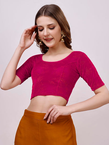 Vihu Fashion WomenS Readymade Hosiery Velvet Lycra Stretchable Round Neck Half Sleeve Blouse Fancy Pink Color Lycra Stretchable