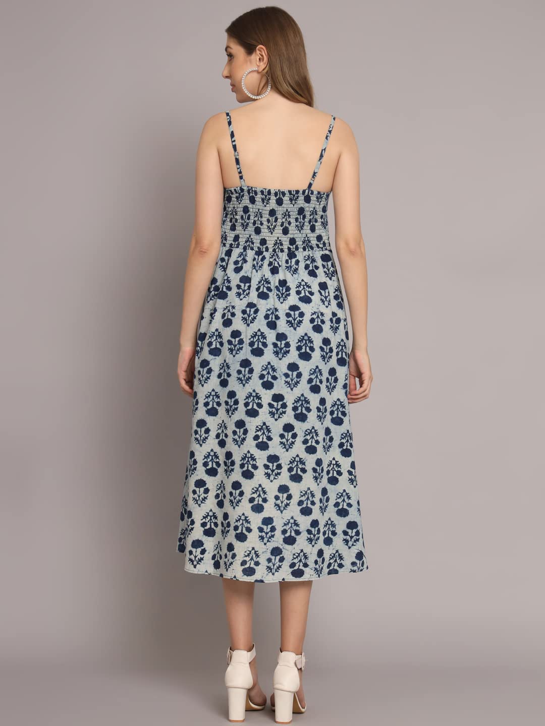 Peppyzone Women'S Handblock Printed Sleeveless Shoulder Strip Cami Dress