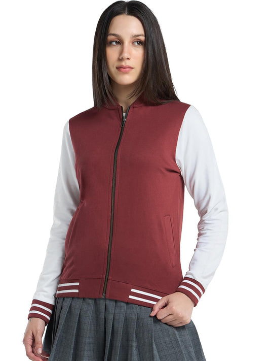 Bewakoof Women Red Pear Varsity Plain Bomber Jacket, Large