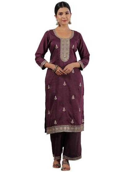 Ishin WomenS Purple Zari Work Ethnic Motifs Poly Silk Straight Kurta