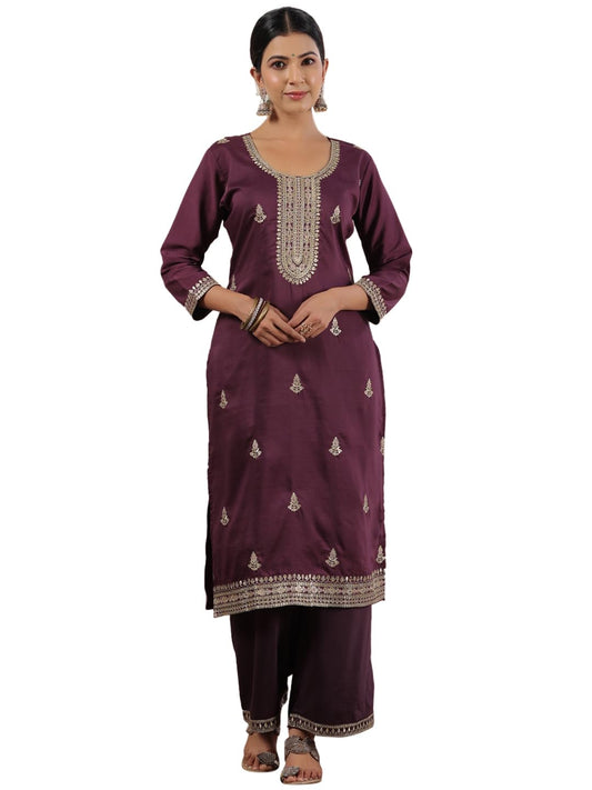 Ishin WomenS Purple Zari Work Ethnic Motifs Poly Silk Straight Kurta