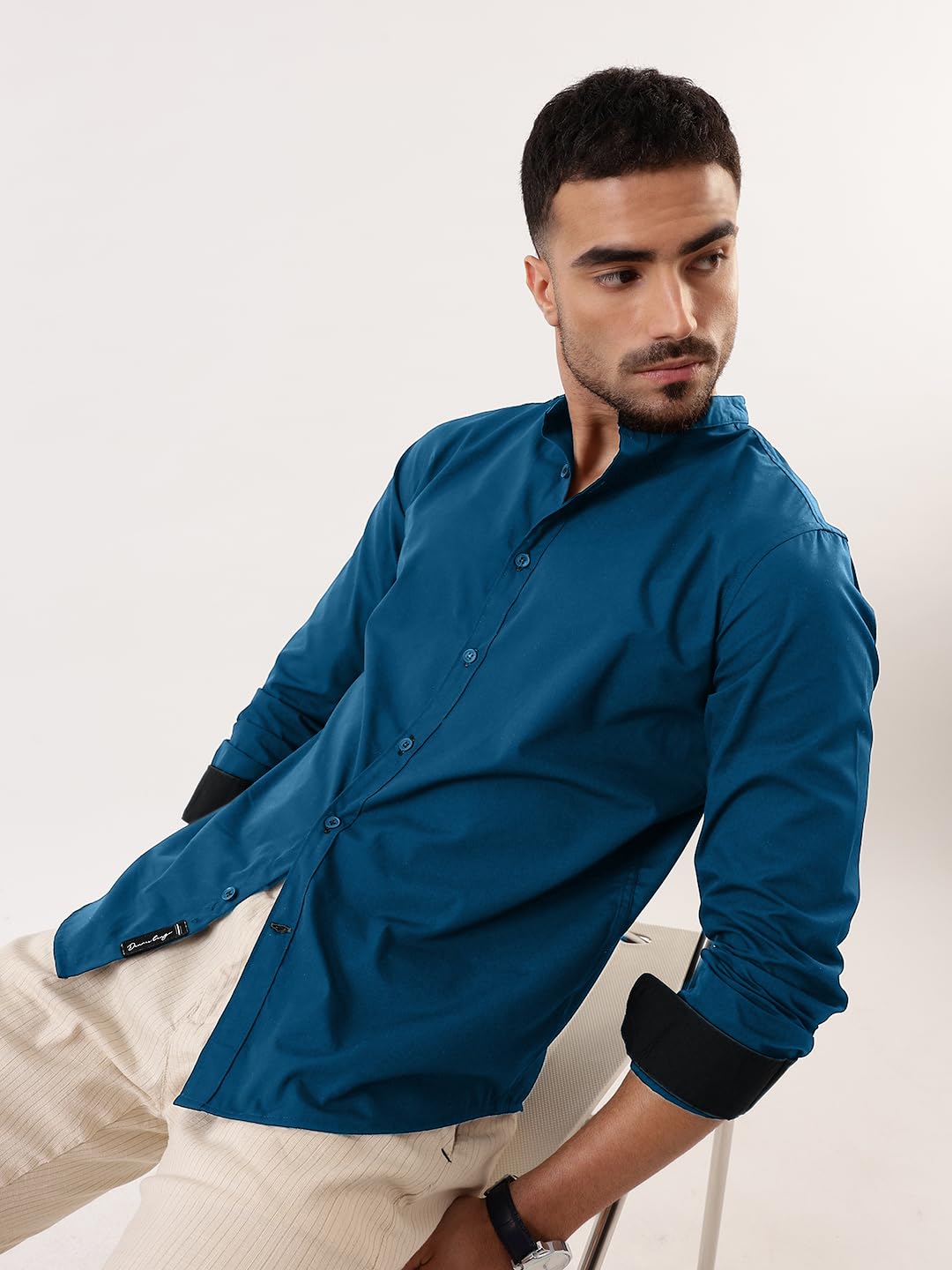 Dennis Lingo Men Teal Solid Chinese Collar Full Sleeves Regular Fit Cotton Casual Shirt