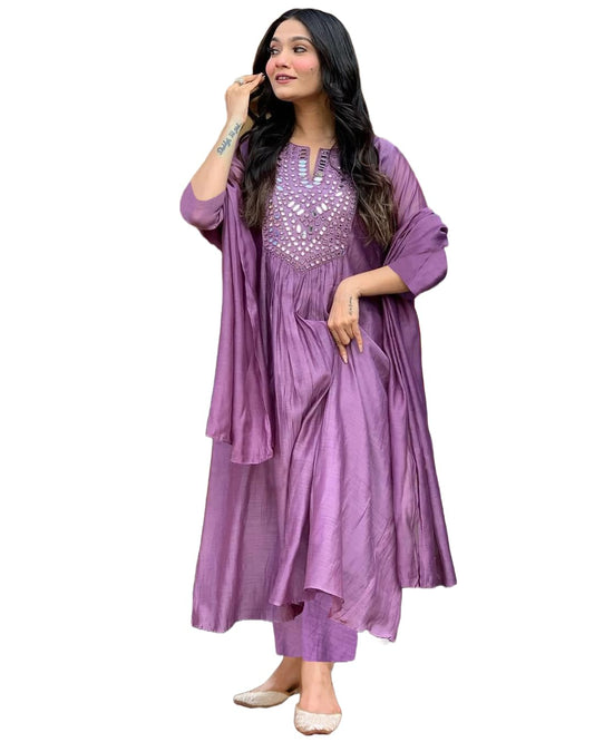 GoSriKi Women's Rayon Viscose Embroidered A-Line Kurta with Pant & Dupatta