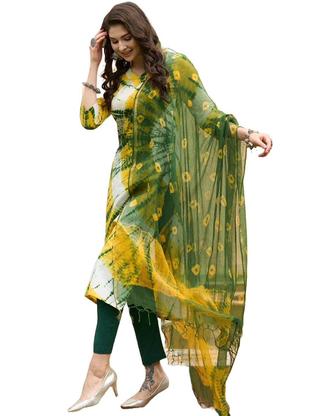 Gosriki WomenS Rayon Blend Straight Printed Kurta With Pant & Dupatta (Kerul Yellow-Gs_S_Yellow_Small)